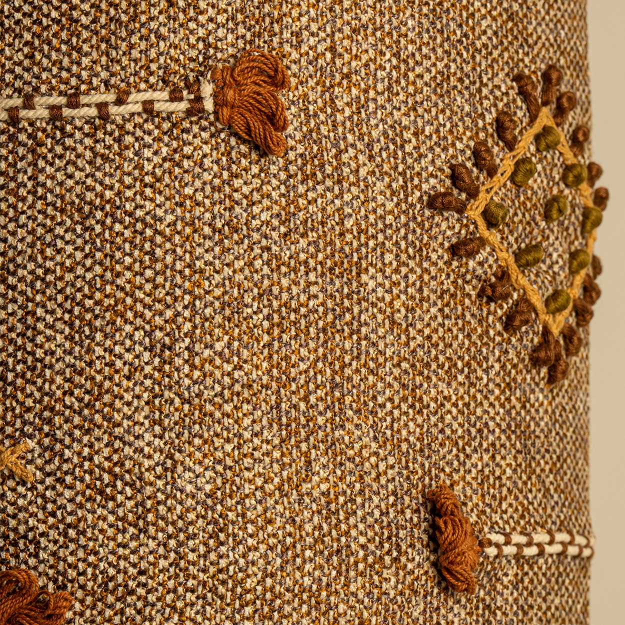 Brown Ceramic Table Lamp Earth Tones Emboidery Lampshade by R. Houben, 1970