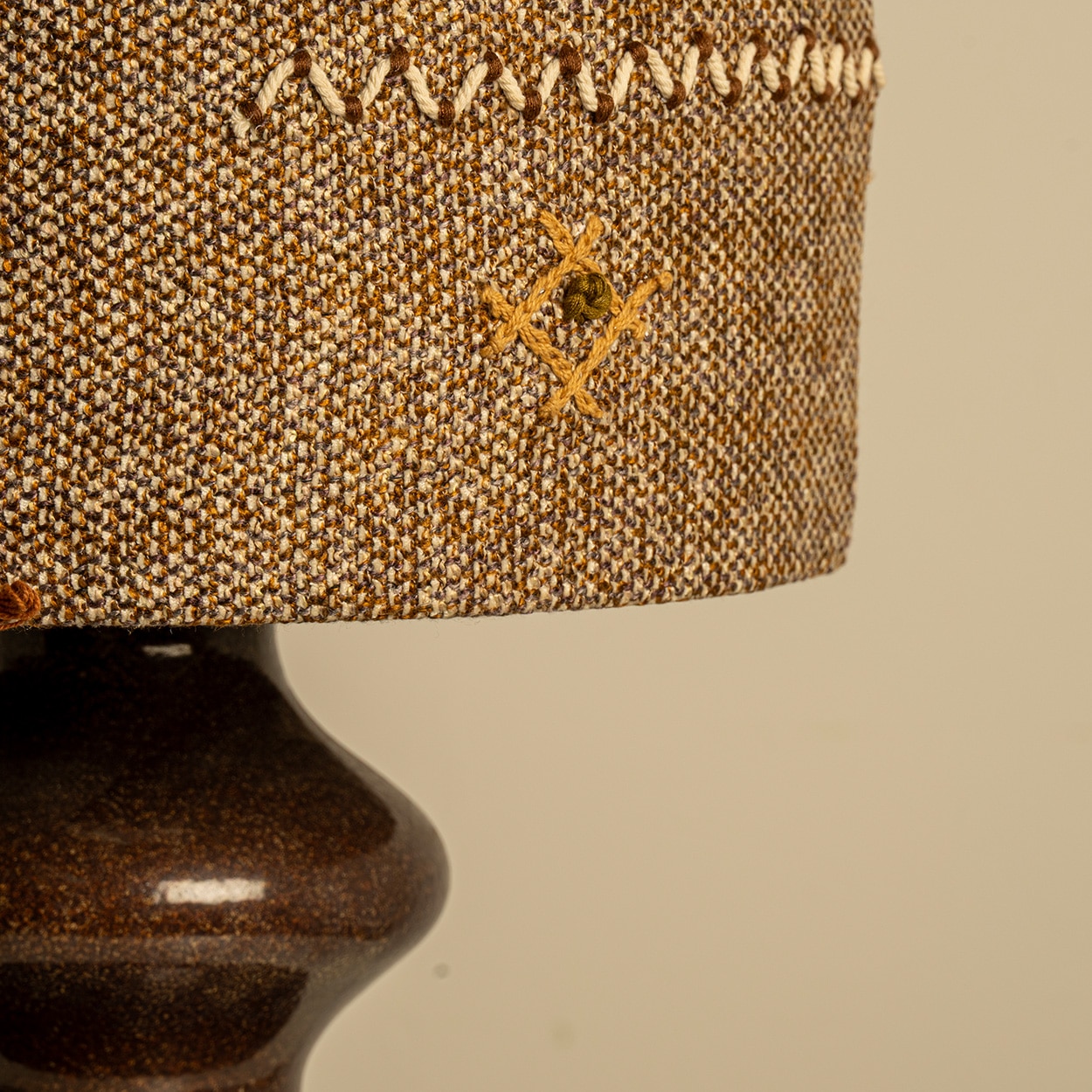Brown Ceramic Table Lamp Earth Tones Emboidery Lampshade by R. Houben, 1970