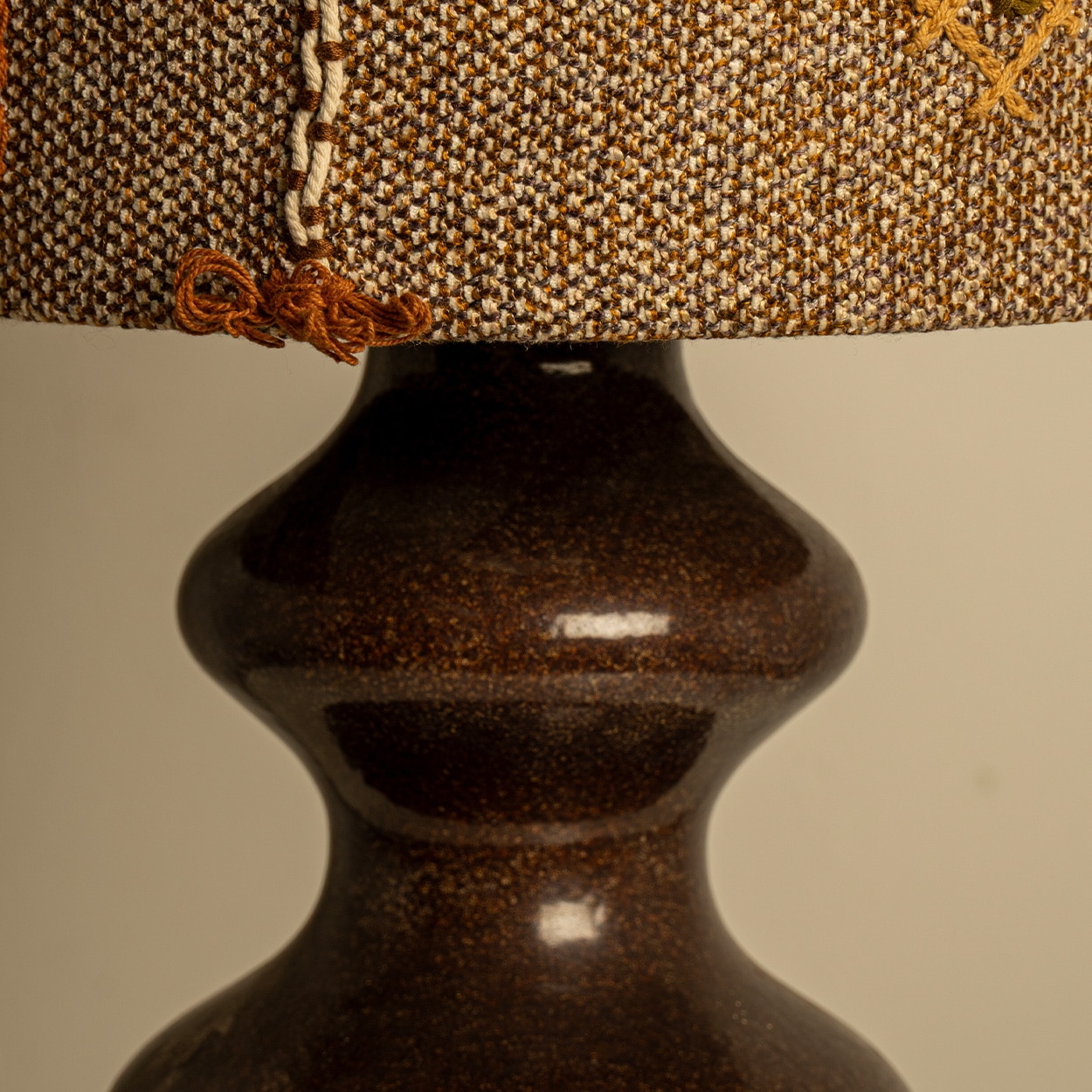 Brown Ceramic Table Lamp Earth Tones Emboidery Lampshade by R. Houben, 1970