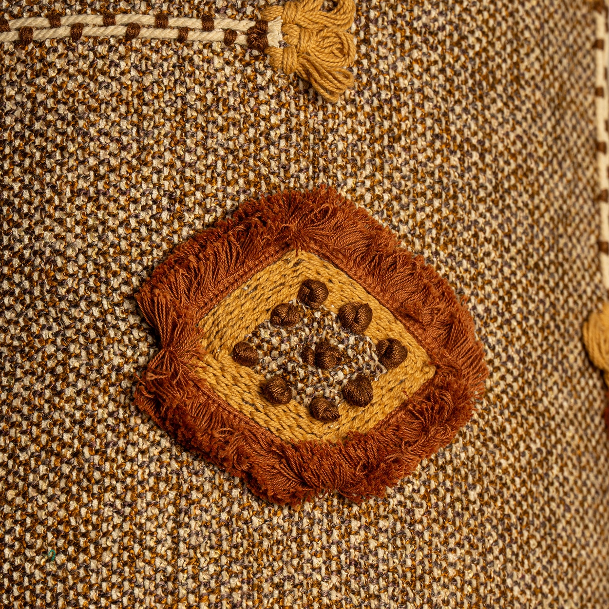 Brown Ceramic Table Lamp Earth Tones Emboidery Lampshade by R. Houben, 1970