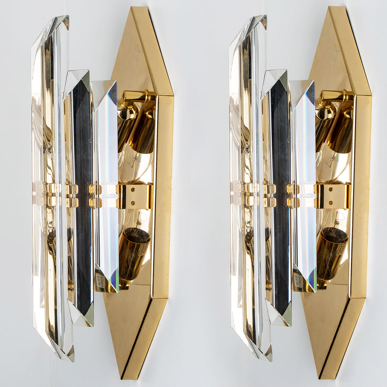 Pair of Clear Glass Brass Wall Sconces by Venini, Italy