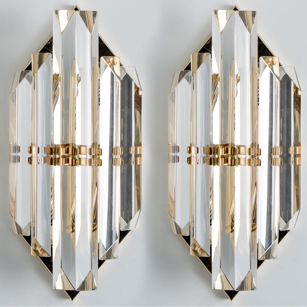 Pair of Clear Glass Brass Wall Sconces by Venini, Italy