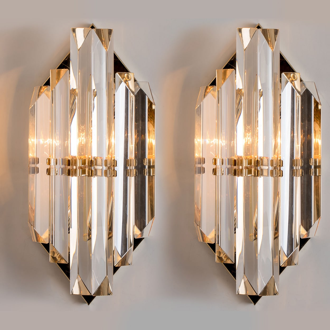 Pair of Clear Glass Brass Wall Sconces by Venini, Italy