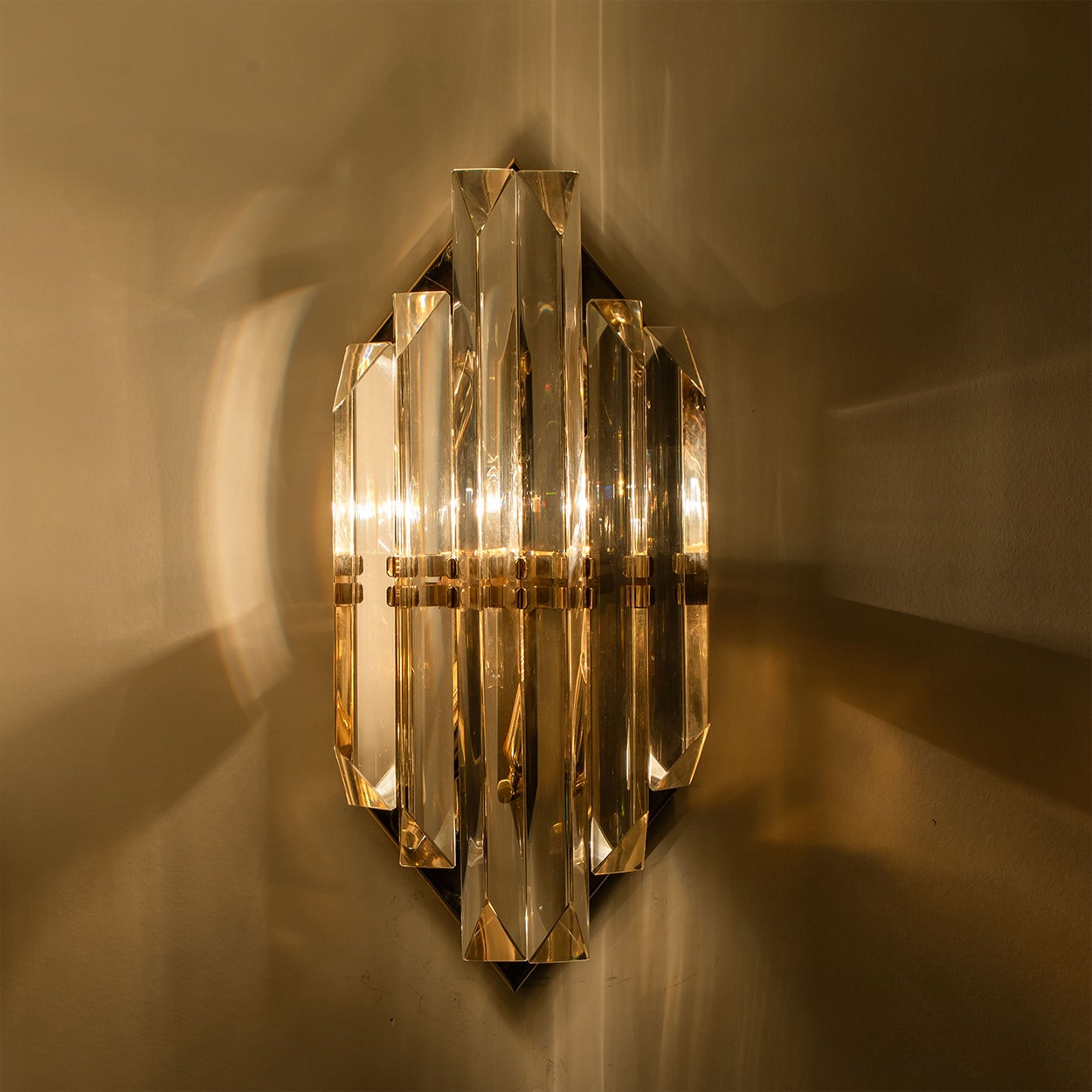 Pair of Clear Glass Brass Wall Sconces by Venini, Italy