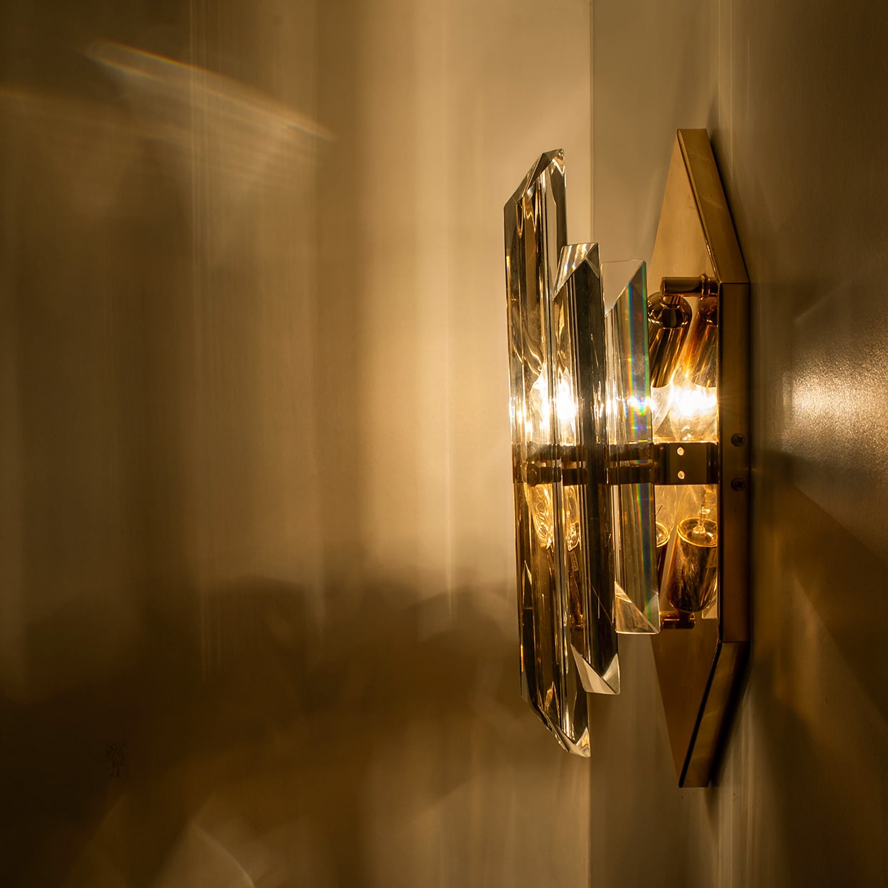 Pair of Clear Glass Brass Wall Sconces by Venini, Italy