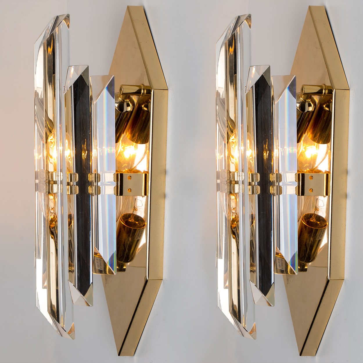 Pair of Clear Glass Brass Wall Sconces by Venini, Italy