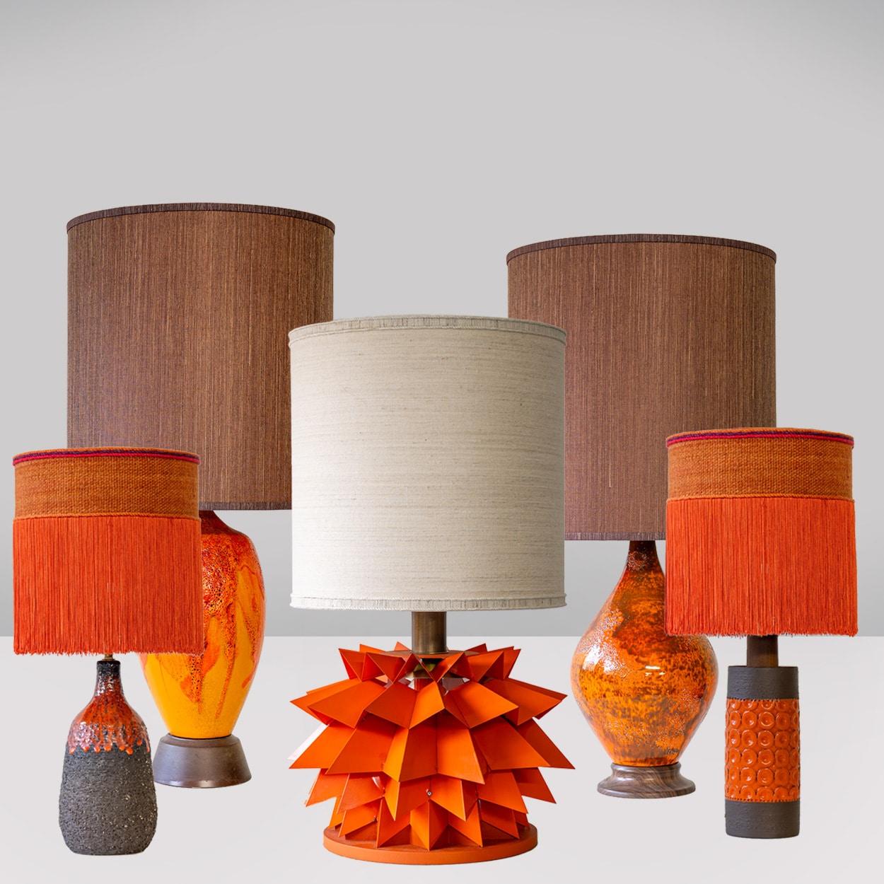 Red Black Ceramic Table Lamp, Custom Orange Lampshade by R. Houben