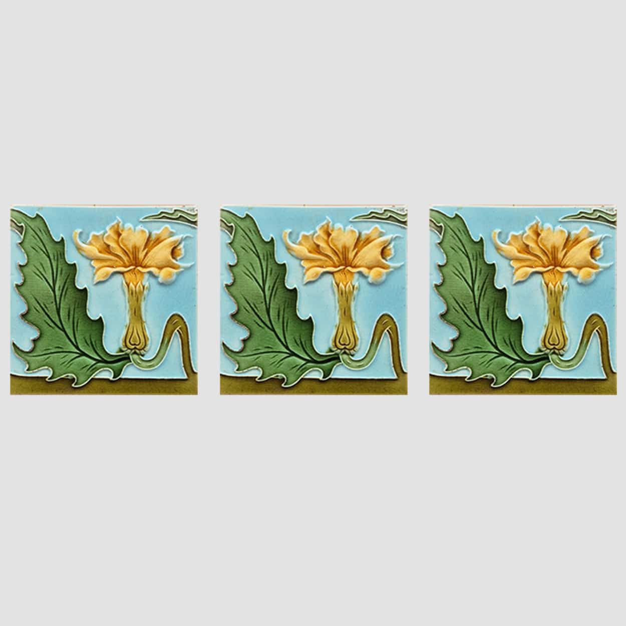 1 of the 18 Honey Yellow Flower Glazed Art Nouveau Relief Tiles, Maison Helman