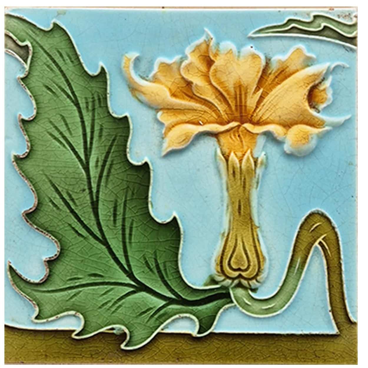 1 of the 18 Honey Yellow Flower Glazed Art Nouveau Relief Tiles, Maison Helman