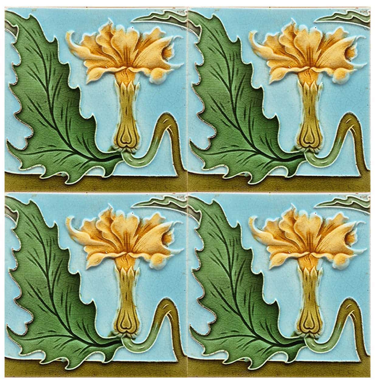 1 of the 18 Honey Yellow Flower Glazed Art Nouveau Relief Tiles, Maison Helman