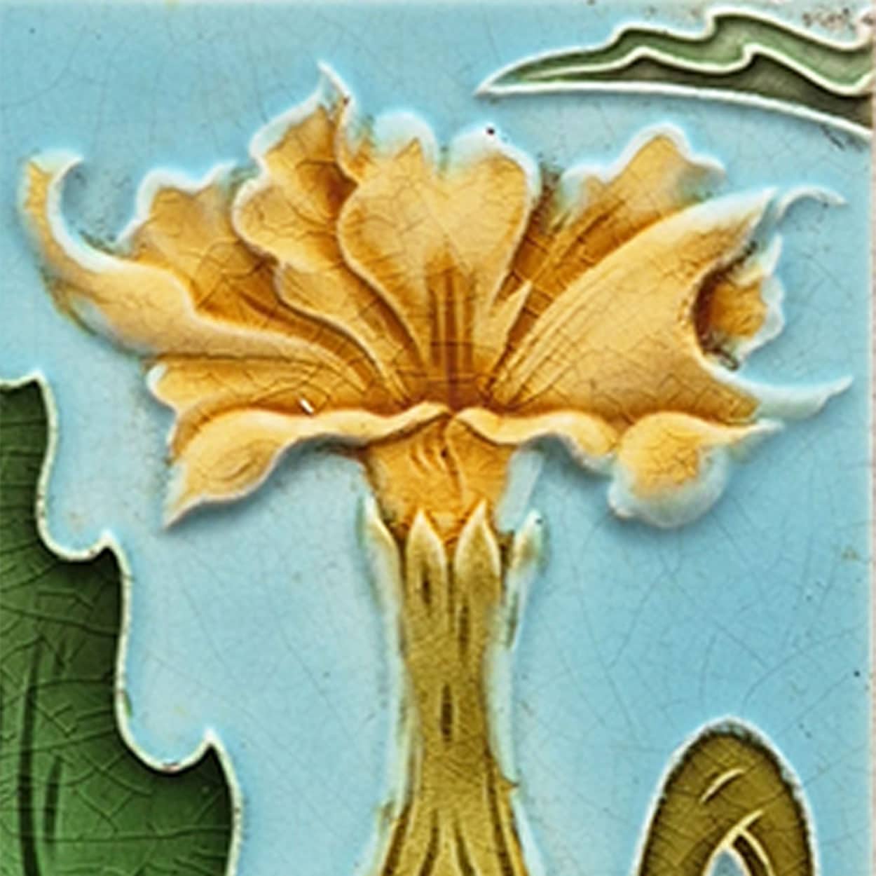 1 of the 18 Honey Yellow Flower Glazed Art Nouveau Relief Tiles, Maison Helman