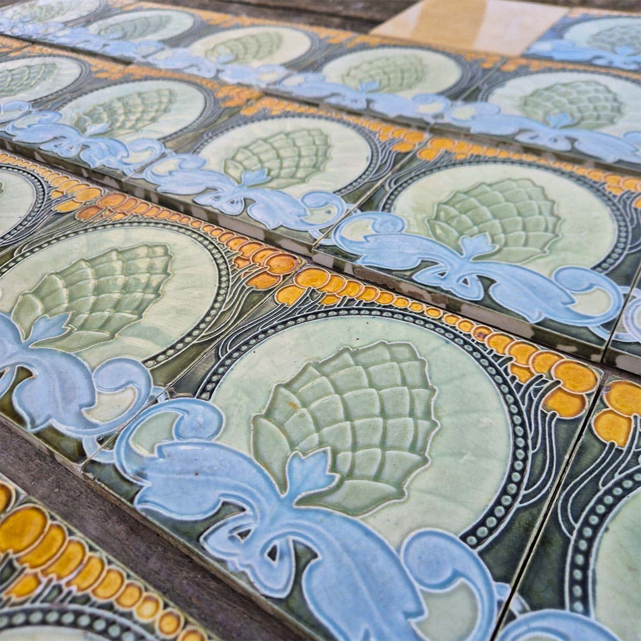 1 of the 33 Pinecones Antique Tiles, Societe Morialme circa 1920, Belgium