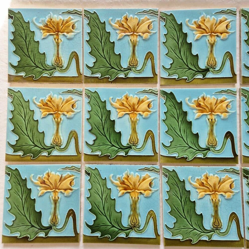 1 of the 18 Honey Yellow Flower Glazed Art Nouveau Relief Tiles, Maison Helman