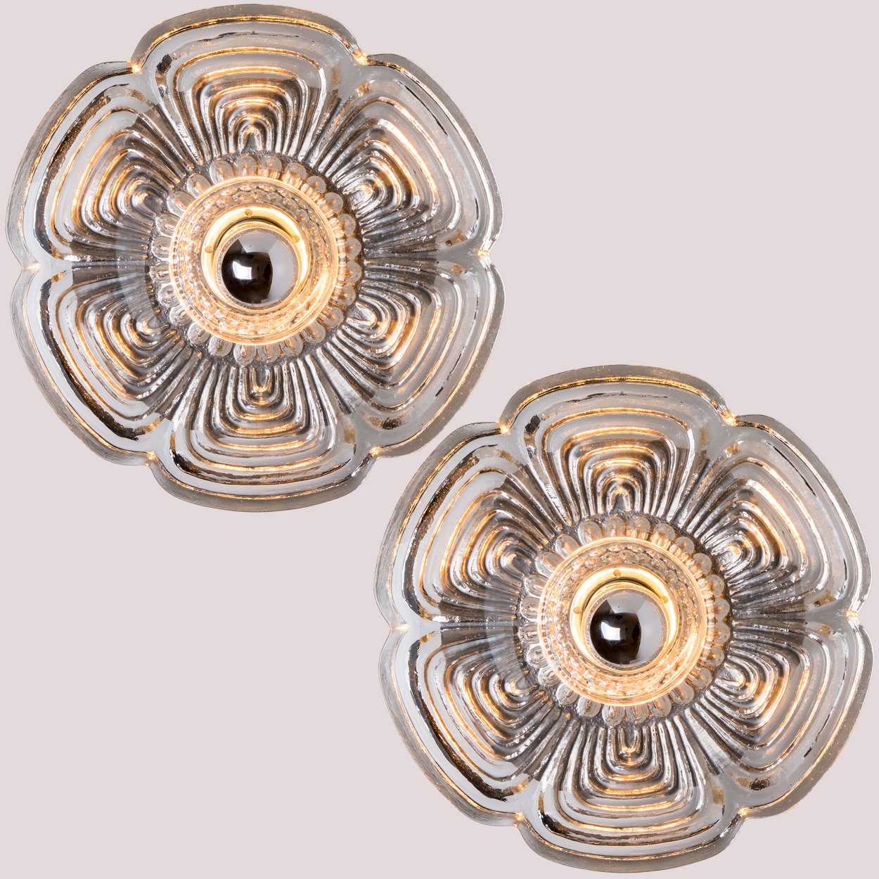 Pair Flower Glass Wall lights Flush Mounts by Heinz Neuhaus Leuchten, 1970