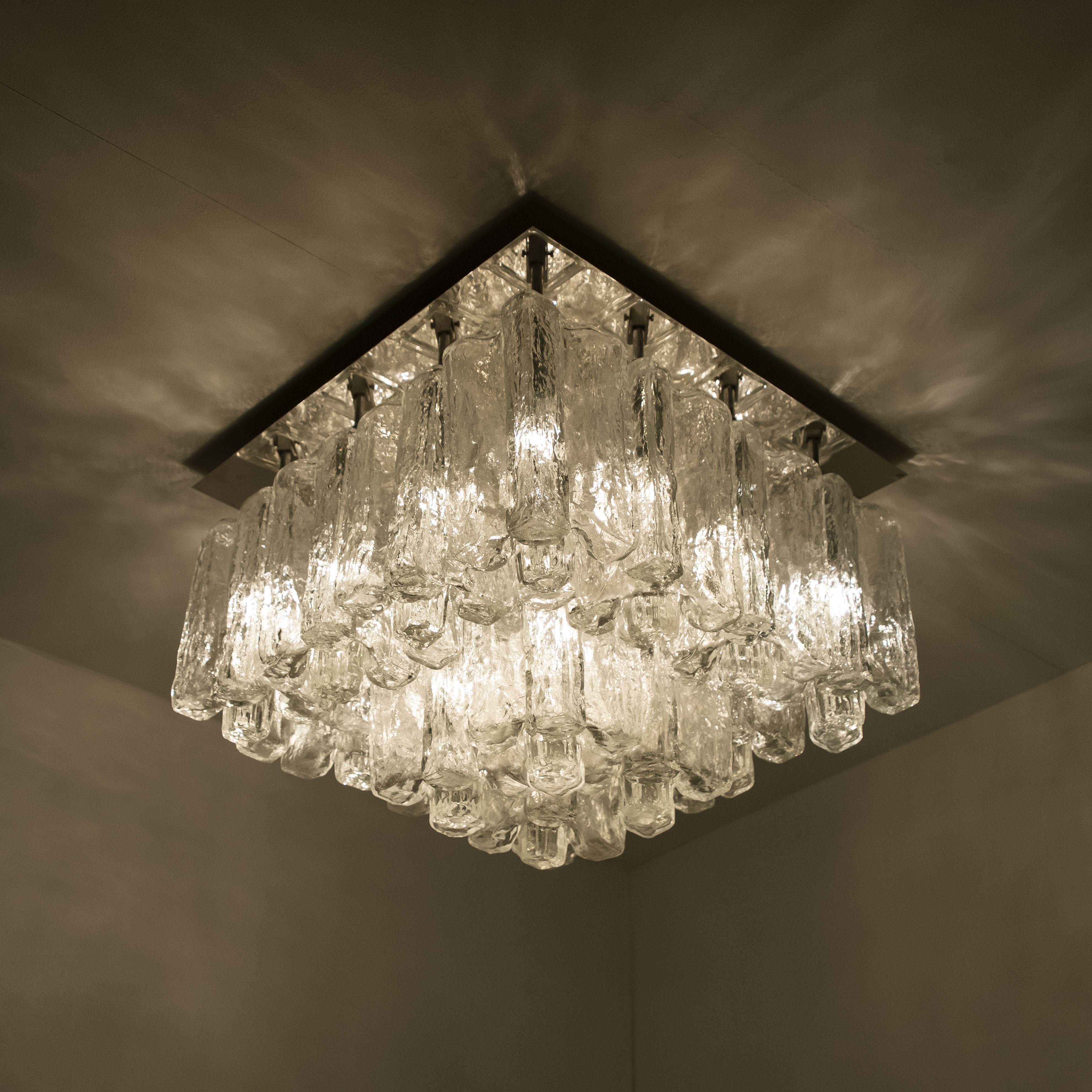 1 of the 2 Large Kalmar Granada Brass Glass Flush Mounts, 1970s