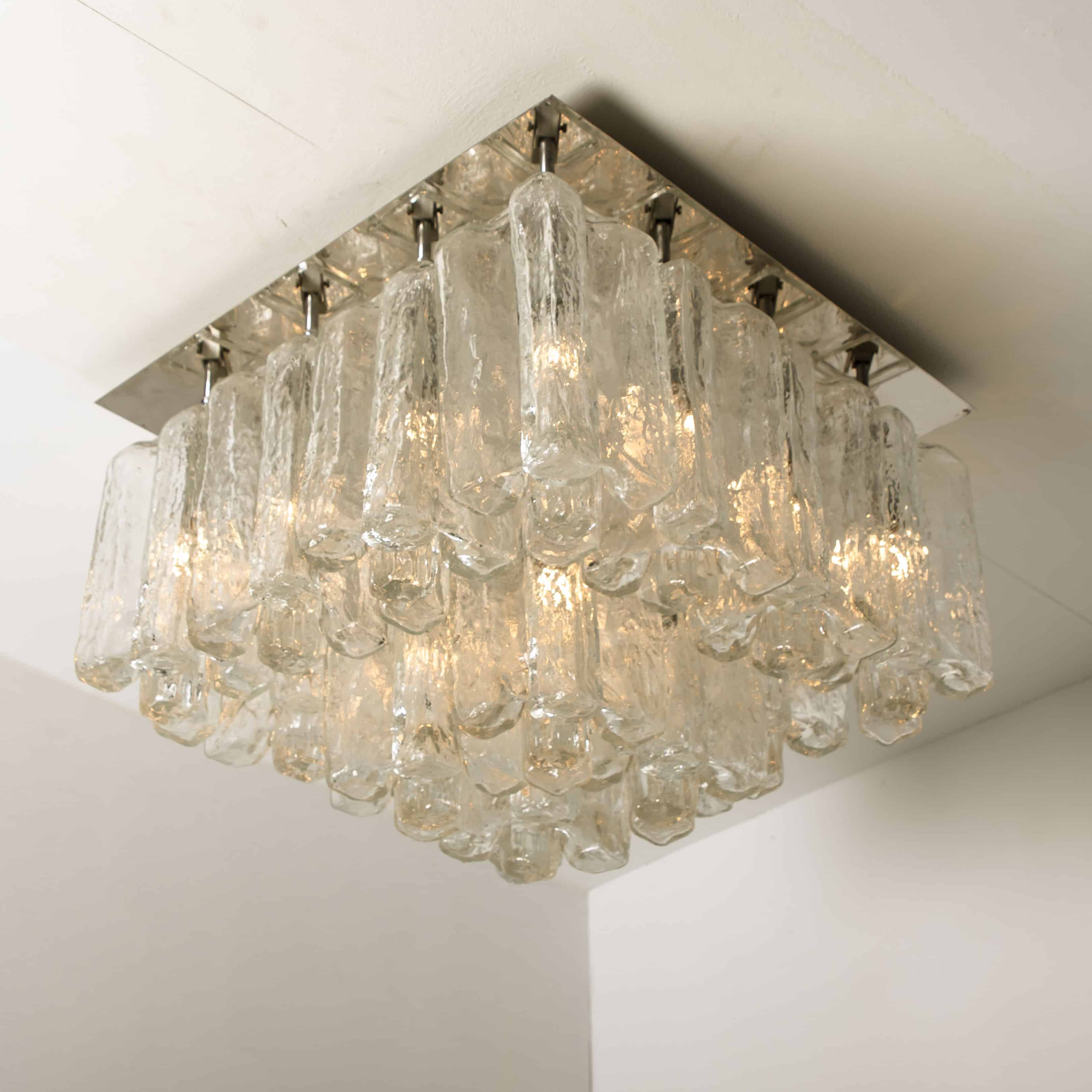 1 of the 2 Large Kalmar Granada Brass Glass Flush Mounts, 1970s