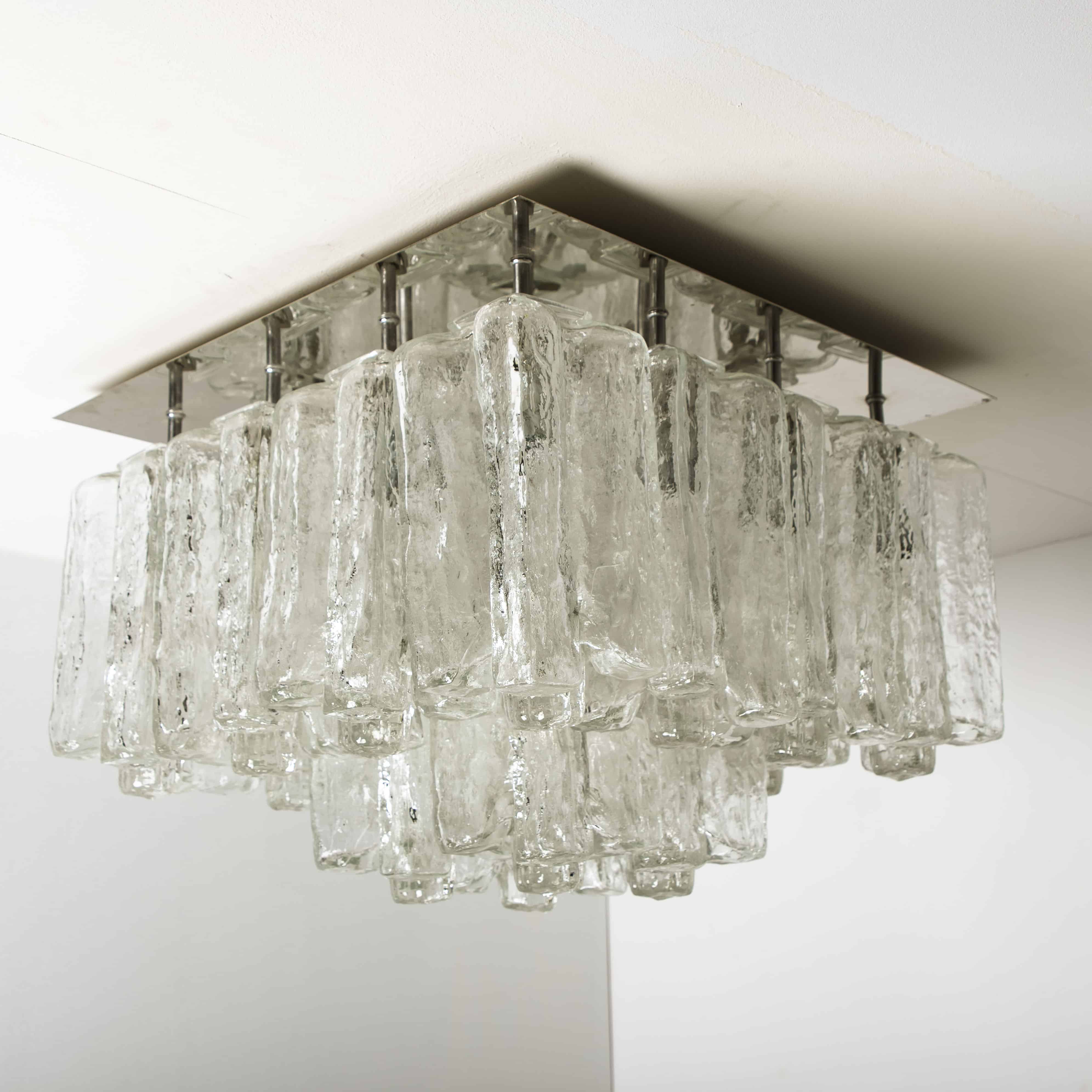 1 of the 2 Large Kalmar Granada Brass Glass Flush Mounts, 1970s