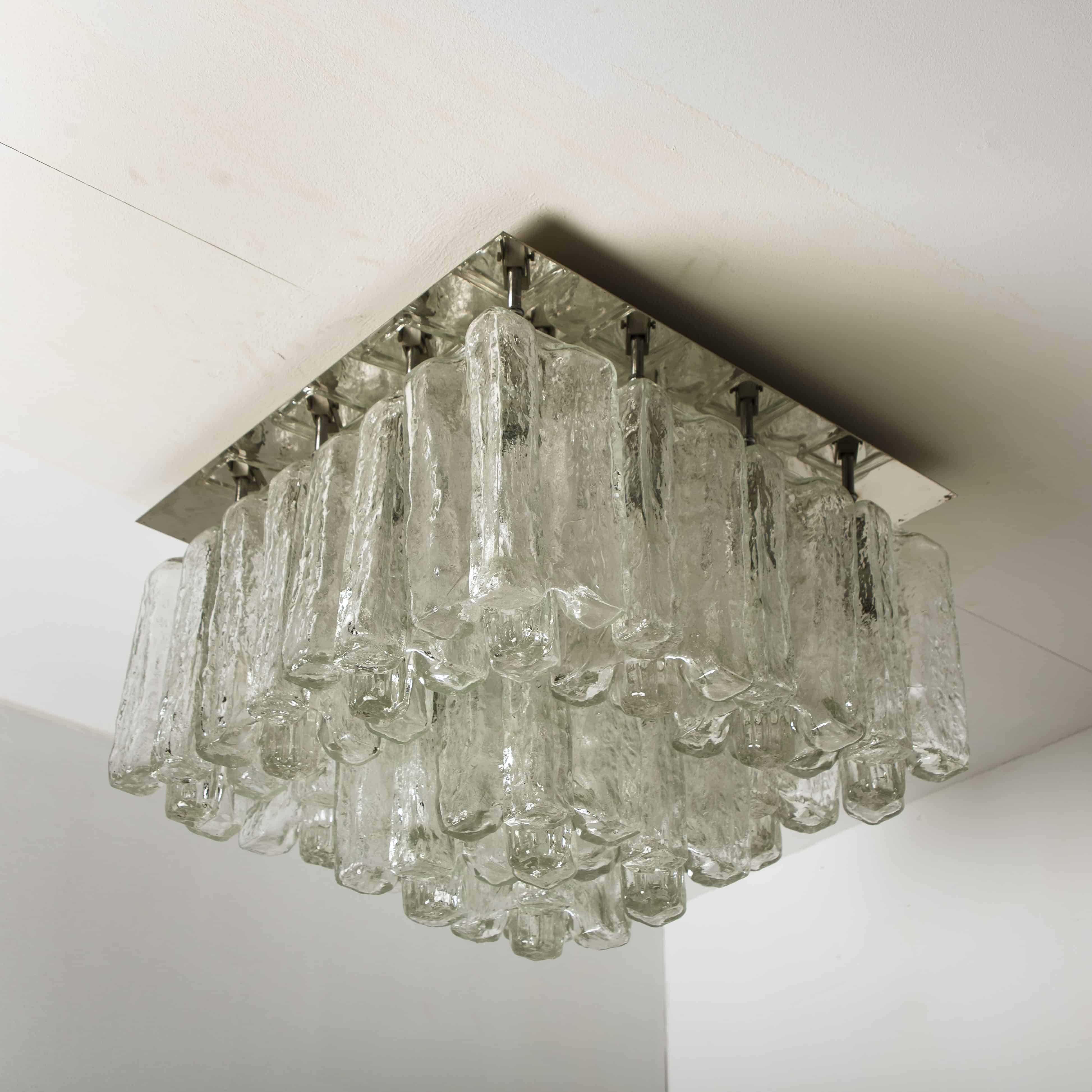 1 of the 2 Large Kalmar Granada Brass Glass Flush Mounts, 1970s