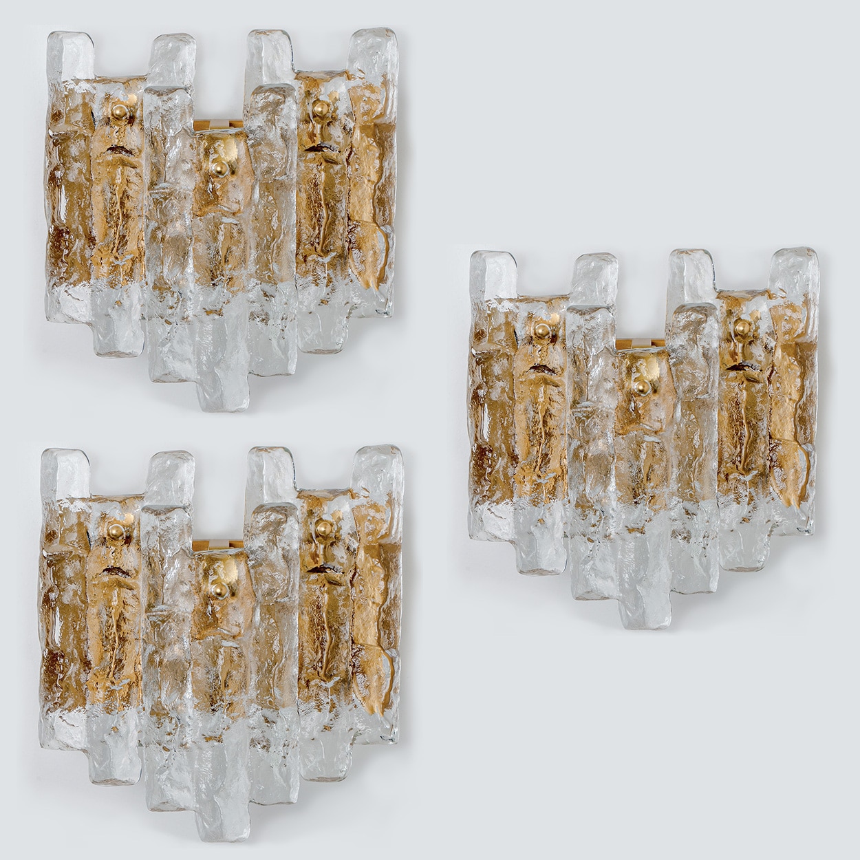 1 of the 3 Textured Ice glass Brass Wall Lights Kalmar, 1970s