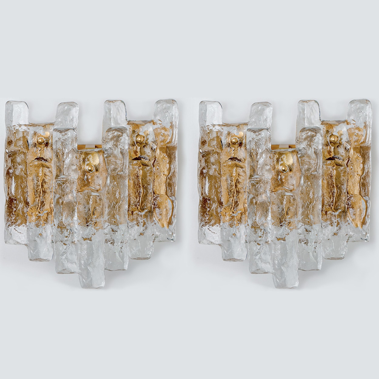 1 of the 3 Textured Ice glass Brass Wall Lights Kalmar, 1970s