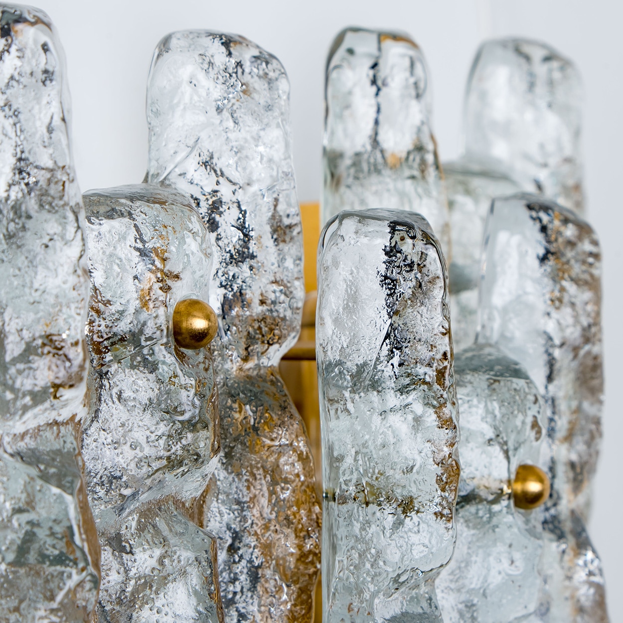 1 of the 3 Textured Ice glass Brass Wall Lights Kalmar, 1970s