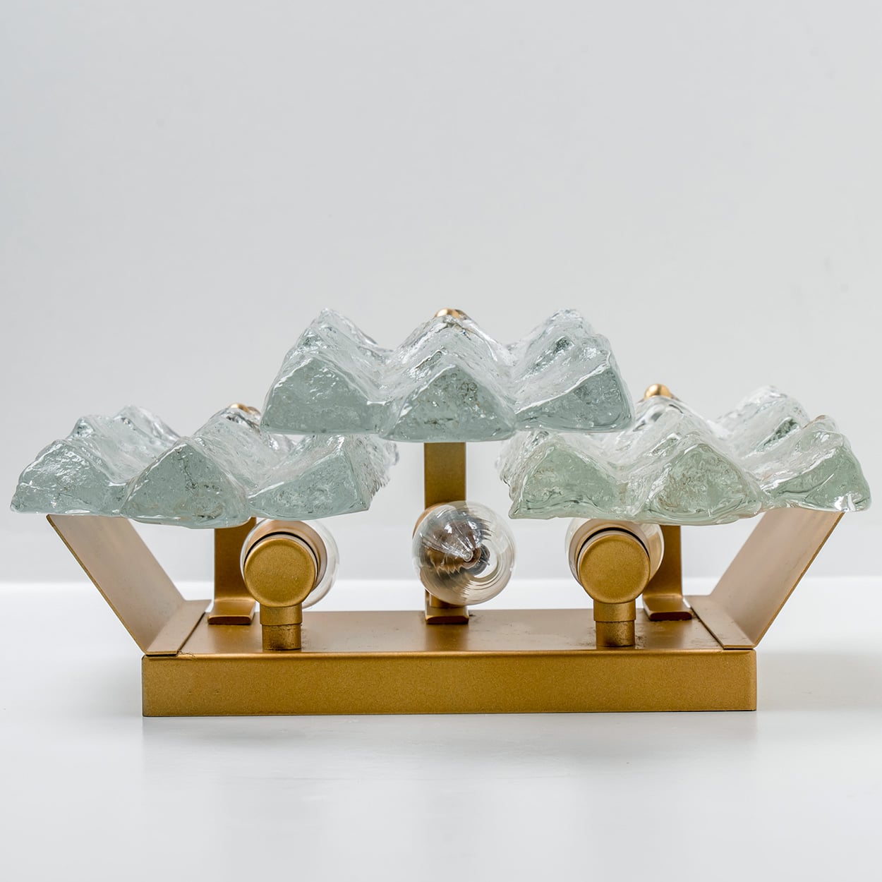 1 of the 3 Textured Ice glass Brass Wall Lights Kalmar, 1970s