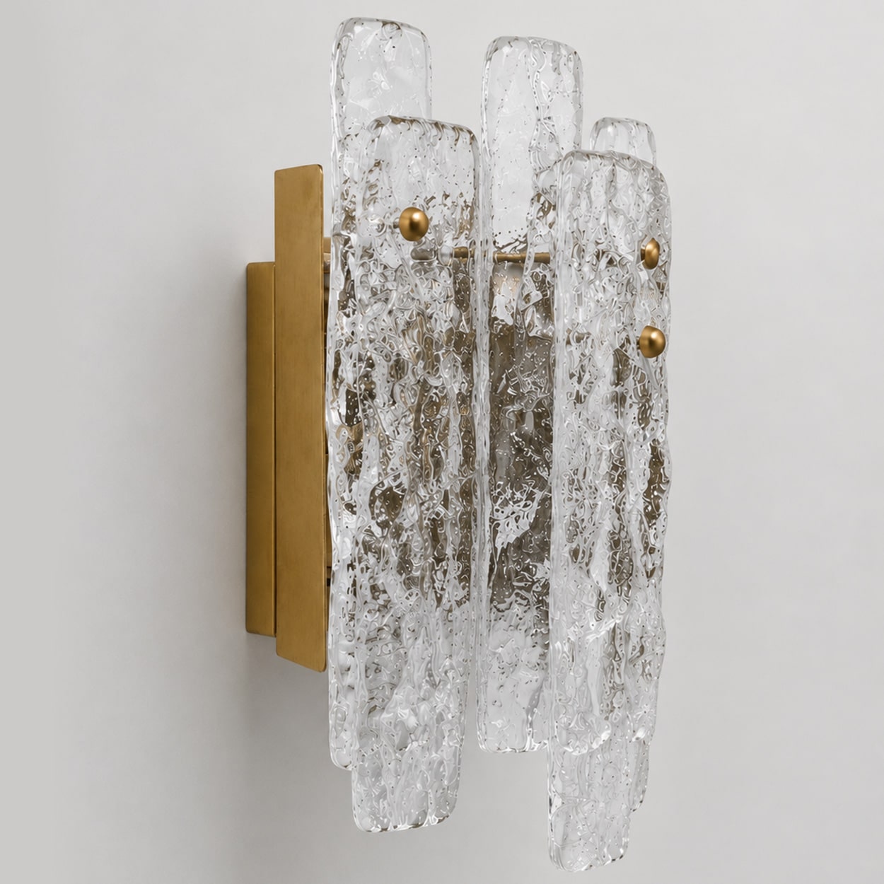 1 of the 3 Textured Ice glass Brass Wall Lights Kalmar, 1970s