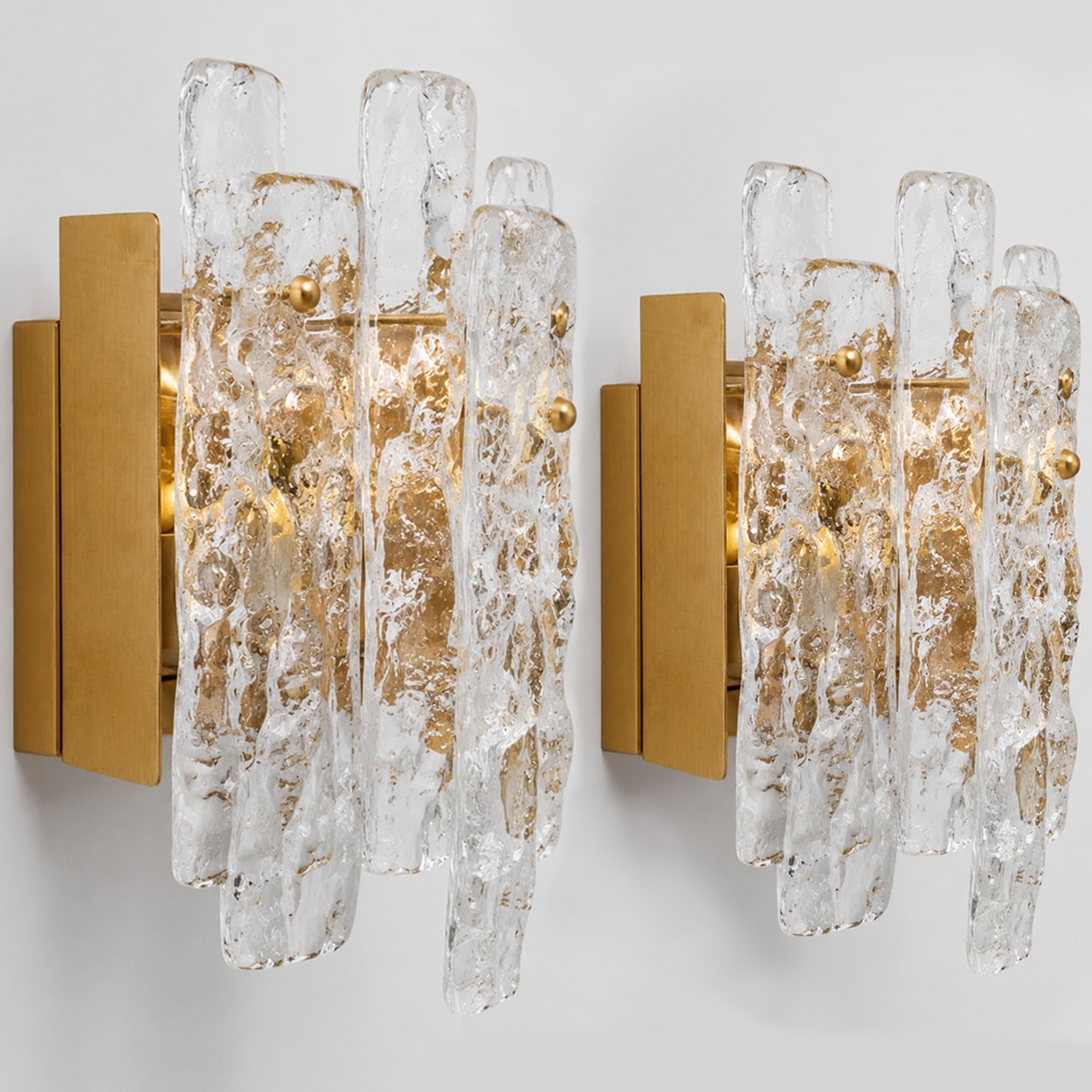 1 of the 3 Textured Ice glass Brass Wall Lights Kalmar, 1970s