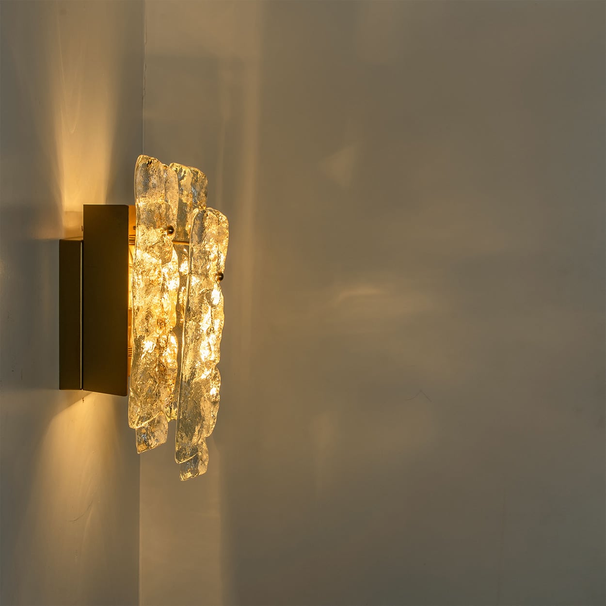 1 of the 3 Textured Ice glass Brass Wall Lights Kalmar, 1970s
