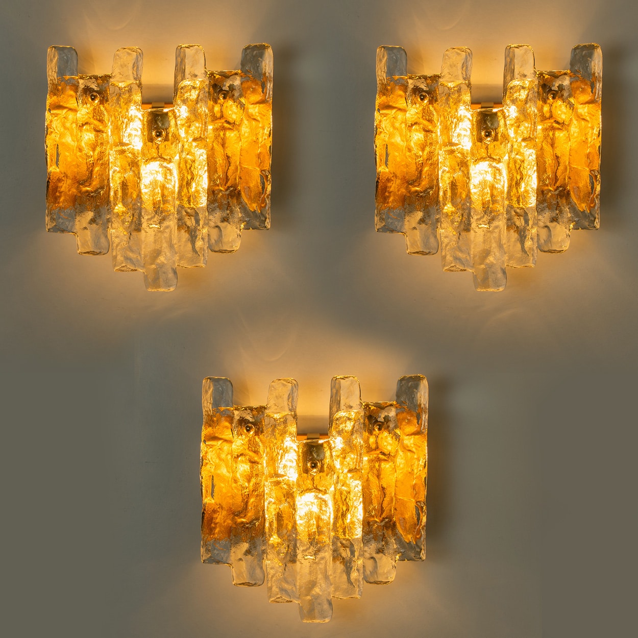 1 of the 3 Textured Ice glass Brass Wall Lights Kalmar, 1970s