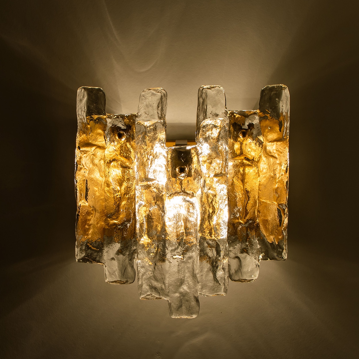 1 of the 3 Textured Ice glass Brass Wall Lights Kalmar, 1970s