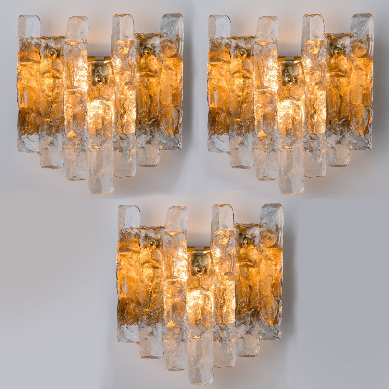 1 of the 3 Textured Ice glass Brass Wall Lights Kalmar, 1970s