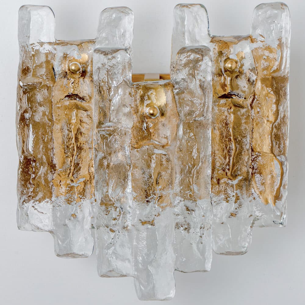 1 of the 3 Textured Ice glass Brass Wall Lights Kalmar, 1970s