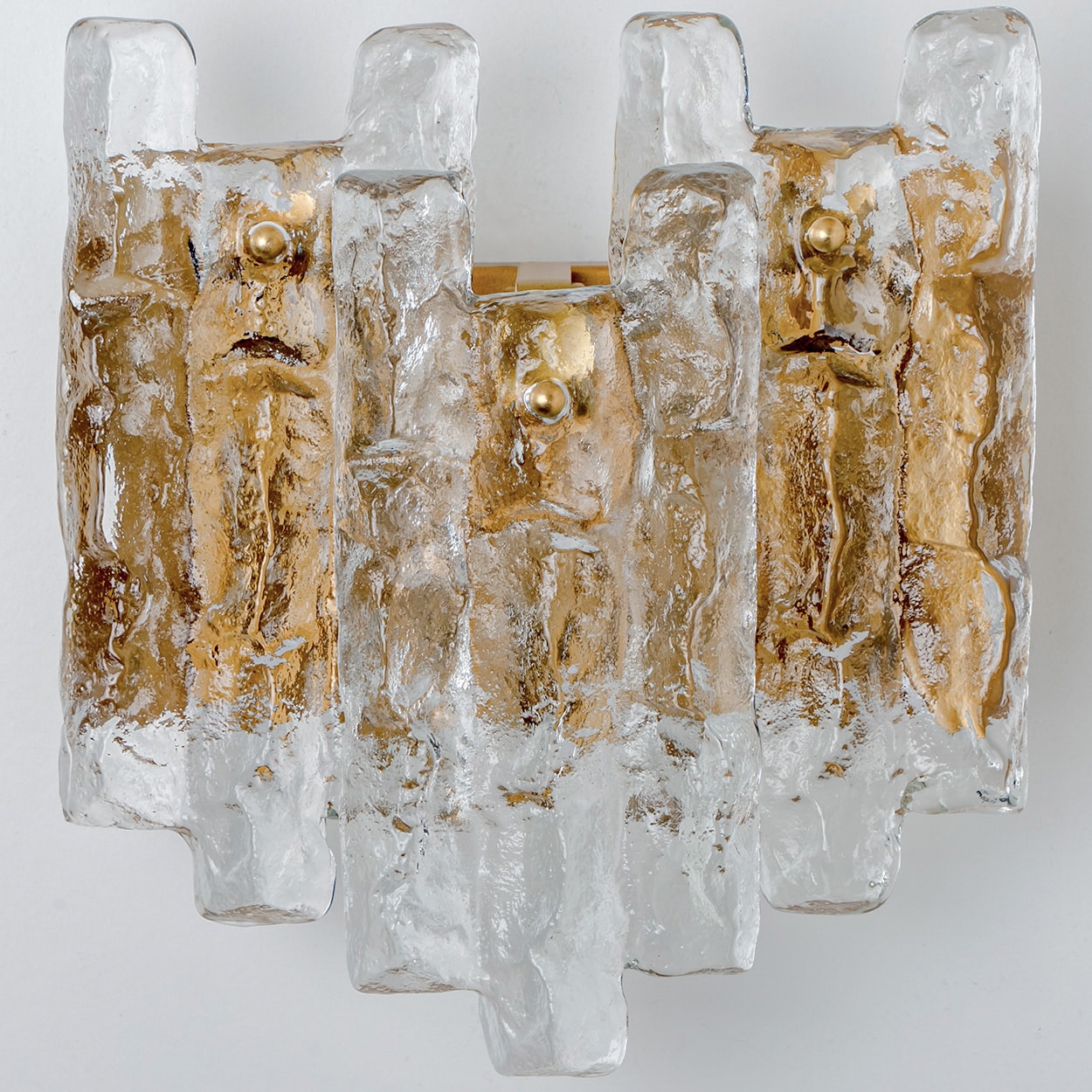1 of the 3 Textured Ice glass Brass Wall Lights Kalmar, 1970s