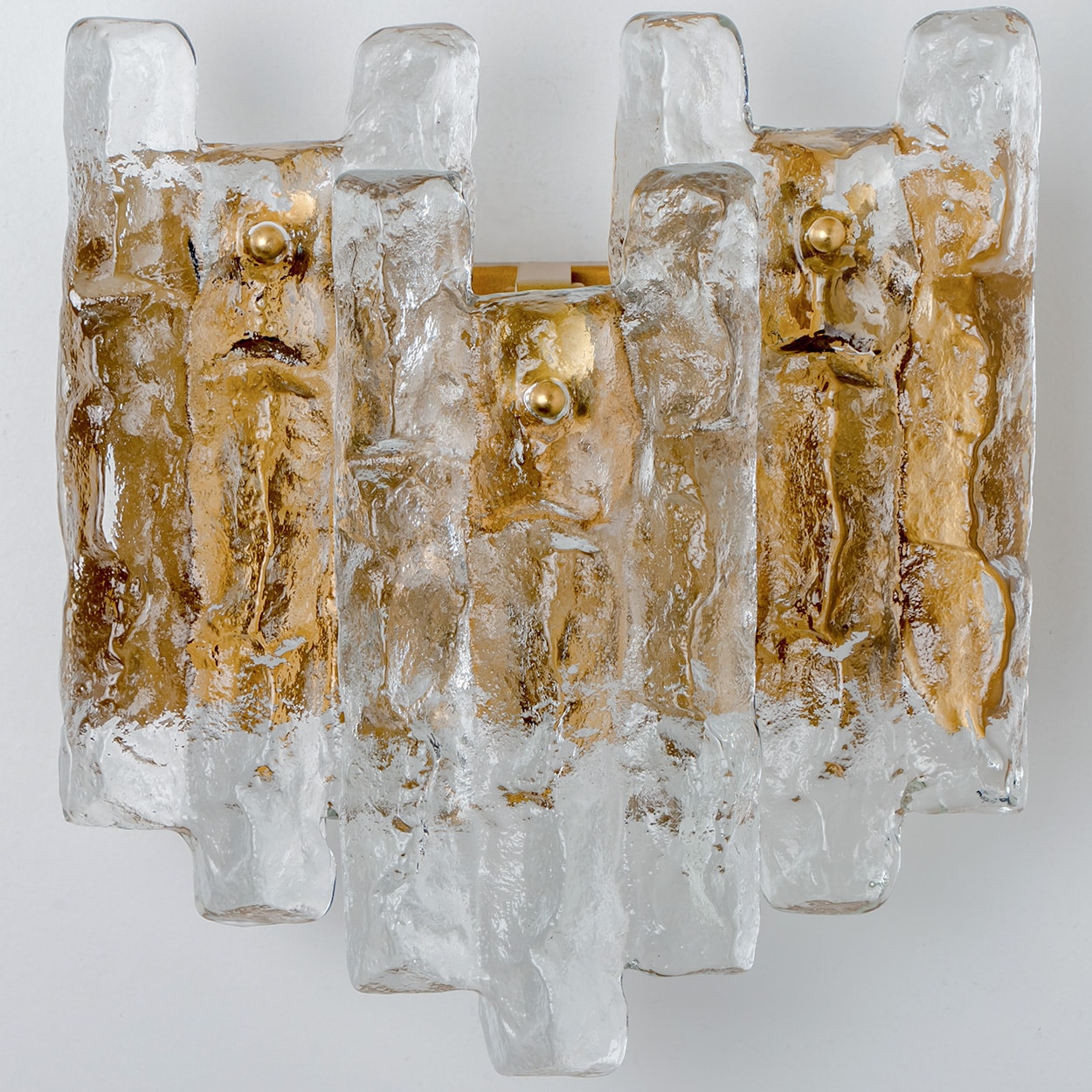 1 of the 3 Textured Ice glass Brass Wall Lights Kalmar, 1970s