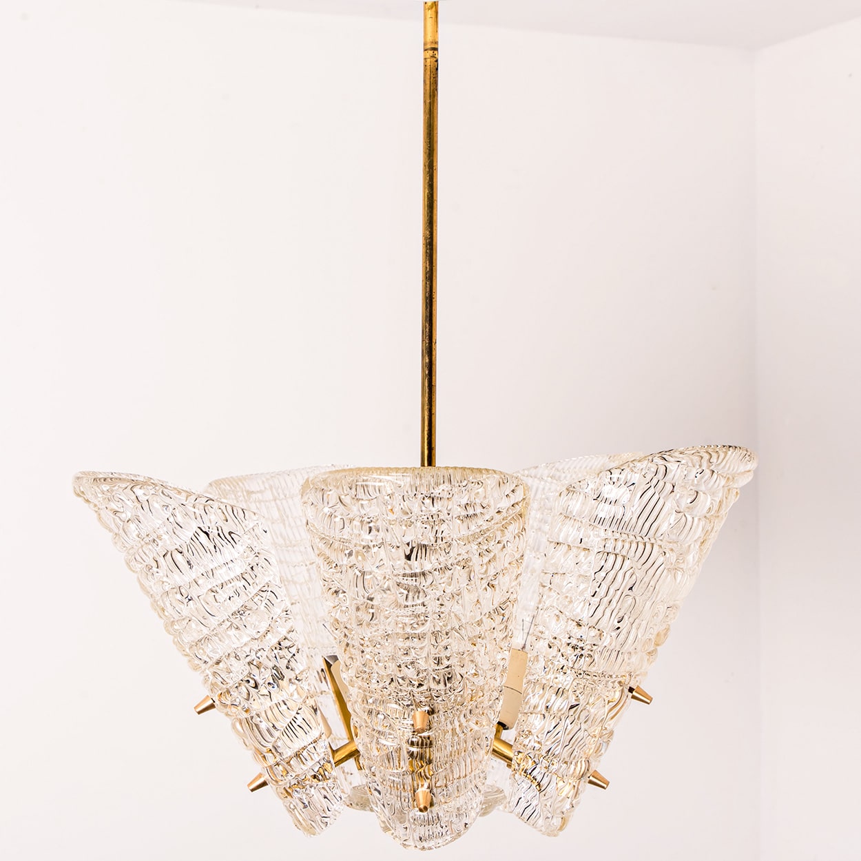 Beautiful 5 Leafs of Ice Glass and Brass Chandelier by Kalmar, 1960