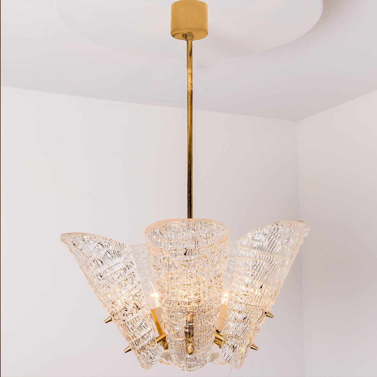 Beautiful 5 Leafs of Ice Glass and Brass Chandelier by Kalmar, 1960