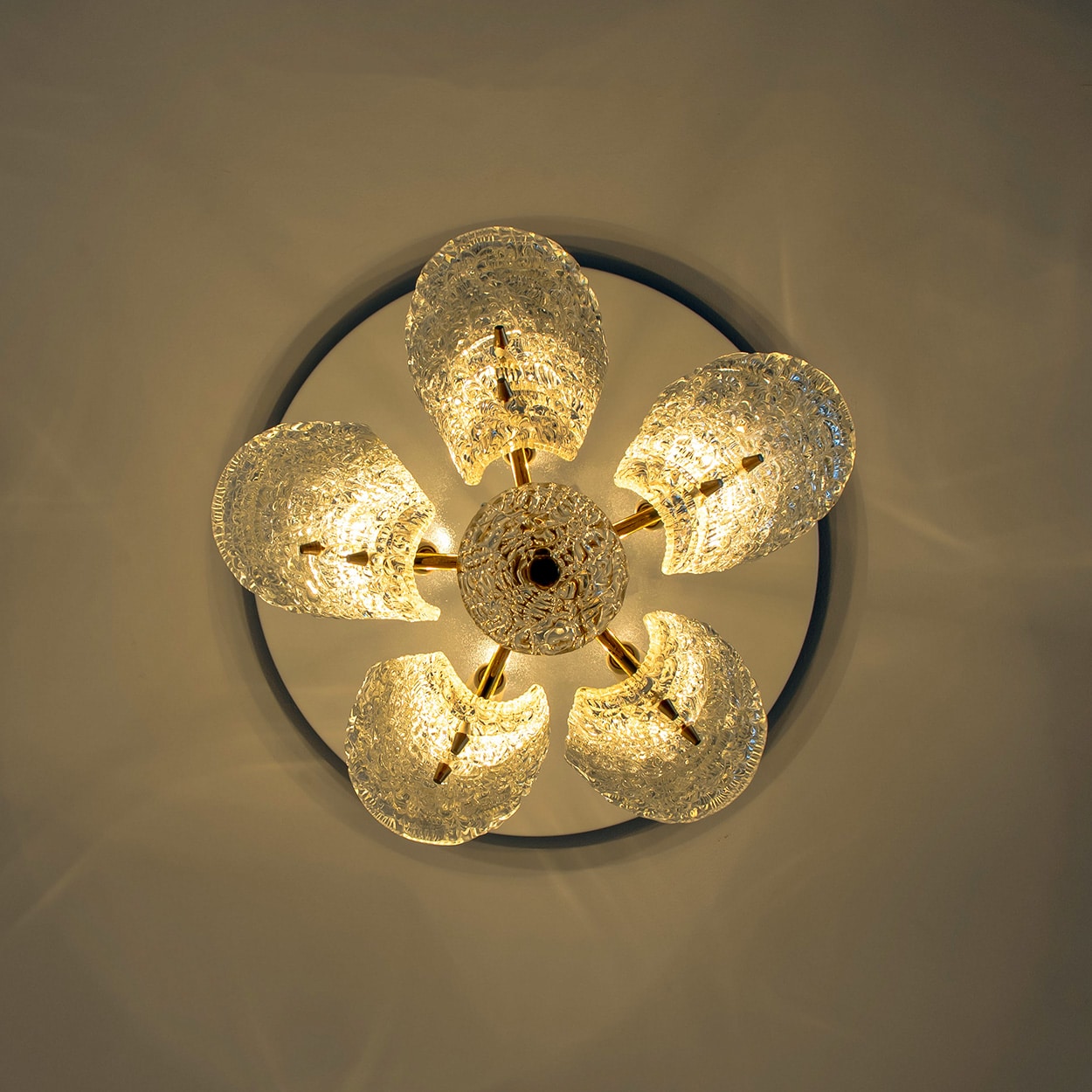 Beautiful 5 Leafs of Ice Glass and Brass Chandelier by Kalmar, 1960