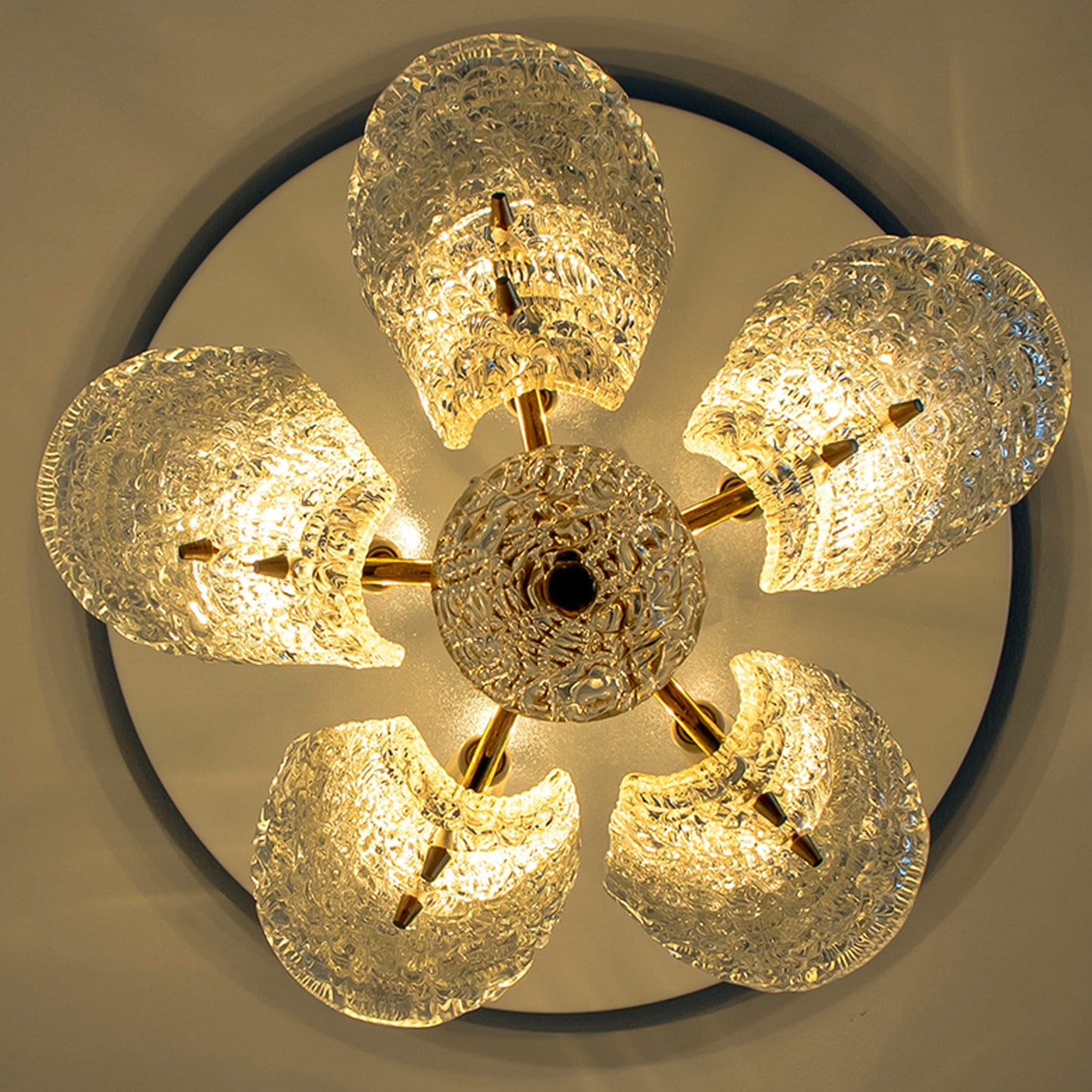 Beautiful 5 Leafs of Ice Glass and Brass Chandelier by Kalmar, 1960
