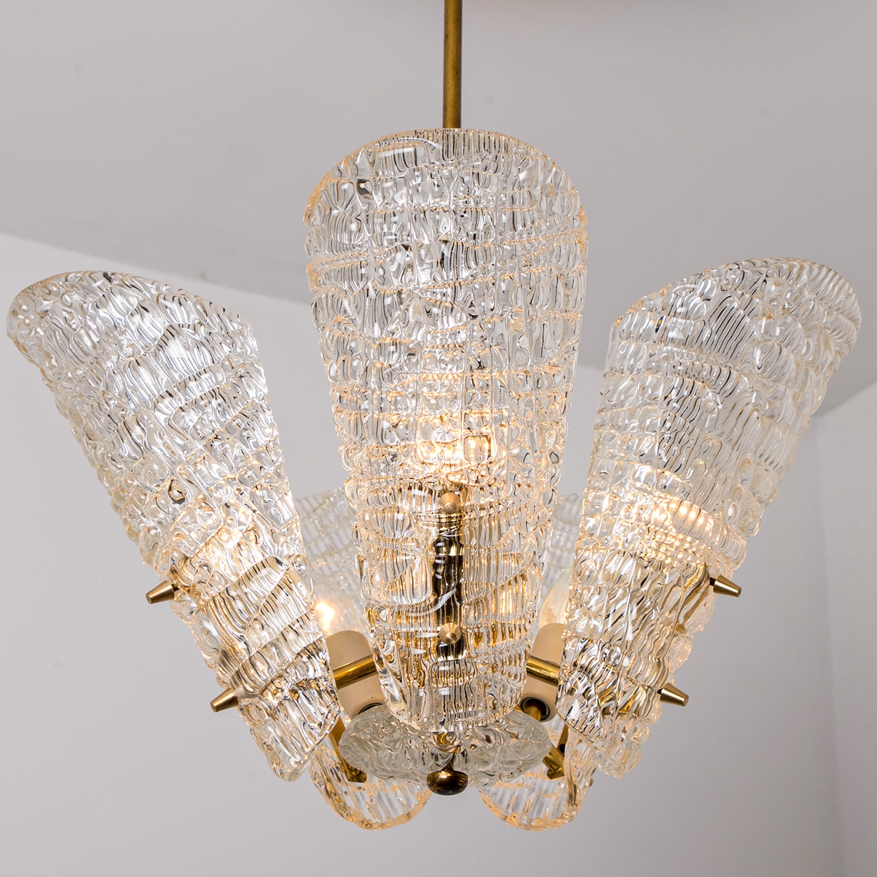 Beautiful 5 Leafs of Ice Glass and Brass Chandelier by Kalmar, 1960