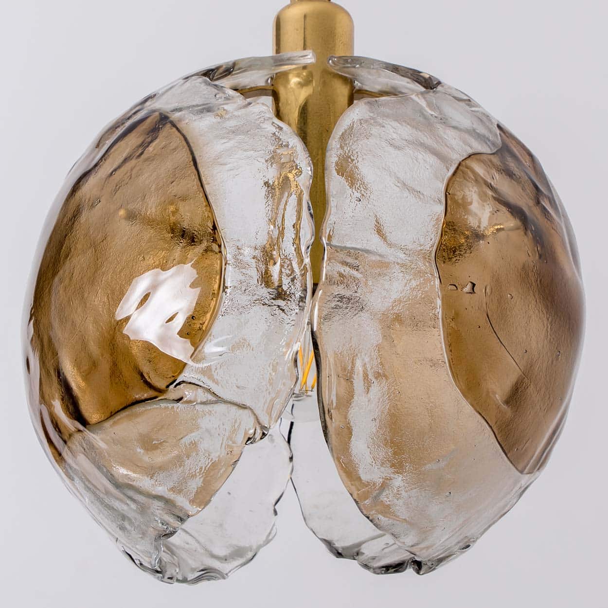 1 of the 2 Kalmar Chandelier Pendant Lights, Gold Brass Smoked Glass, 1970s