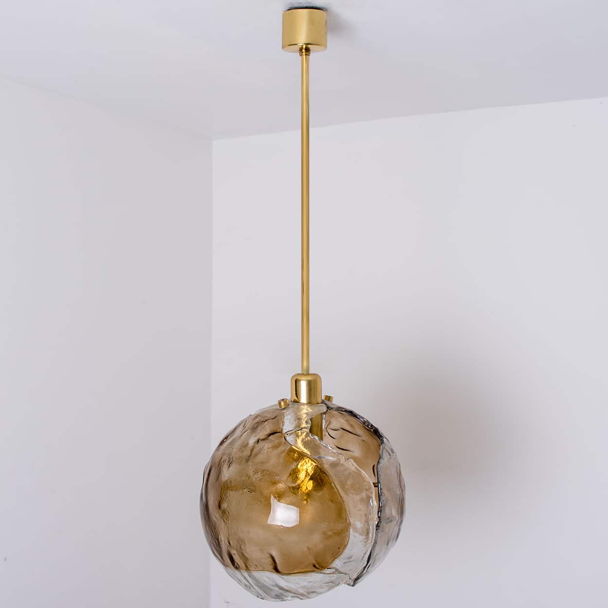 1 of the 2 Kalmar Chandelier Pendant Lights, Gold Brass Smoked Glass, 1970s