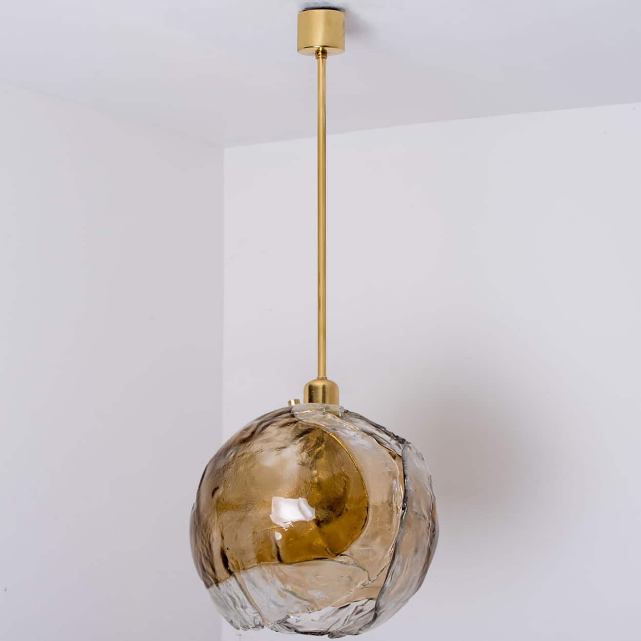 1 of the 2 Kalmar Chandelier Pendant Lights, Gold Brass Smoked Glass, 1970s
