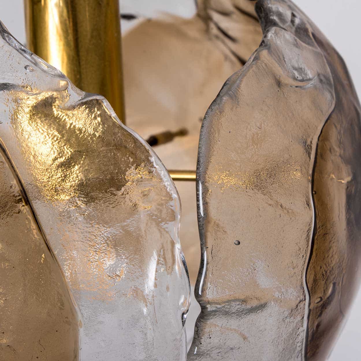 1 of the 2 Kalmar Chandelier Pendant Lights, Gold Brass Smoked Glass, 1970s