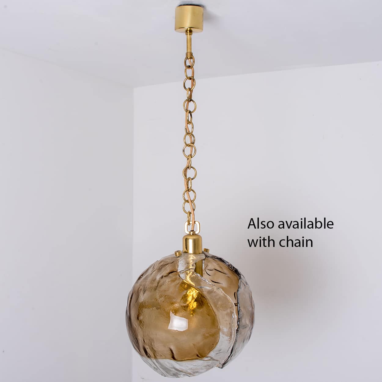 1 of the 2 Kalmar Chandelier Pendant Lights, Gold Brass Smoked Glass, 1970s