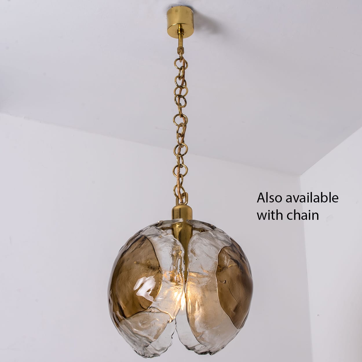 1 of the 2 Kalmar Chandelier Pendant Lights, Gold Brass Smoked Glass, 1970s