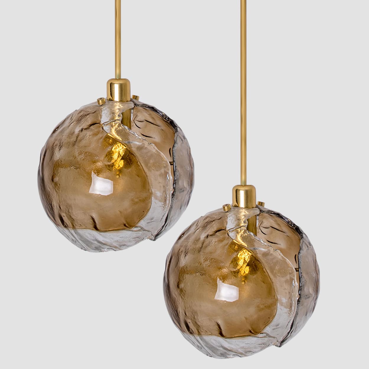 1 of the 2 Kalmar Chandelier Pendant Lights, Gold Brass Smoked Glass, 1970s
