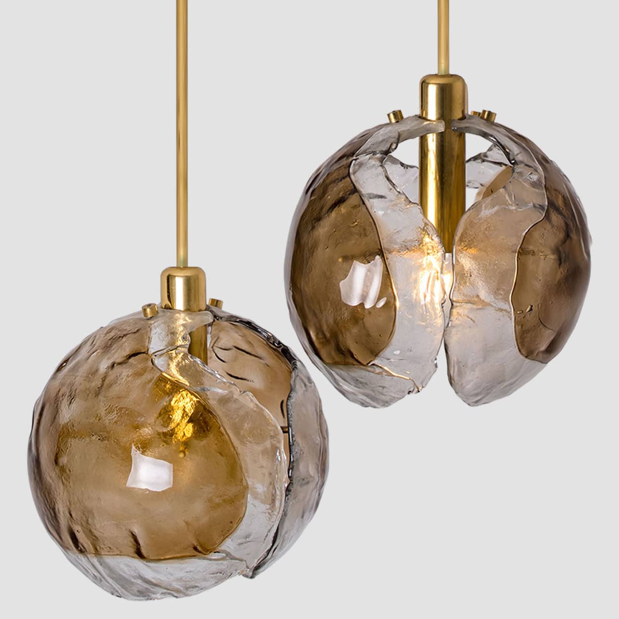 1 of the 2 Kalmar Chandelier Pendant Lights, Gold Brass Smoked Glass, 1970s
