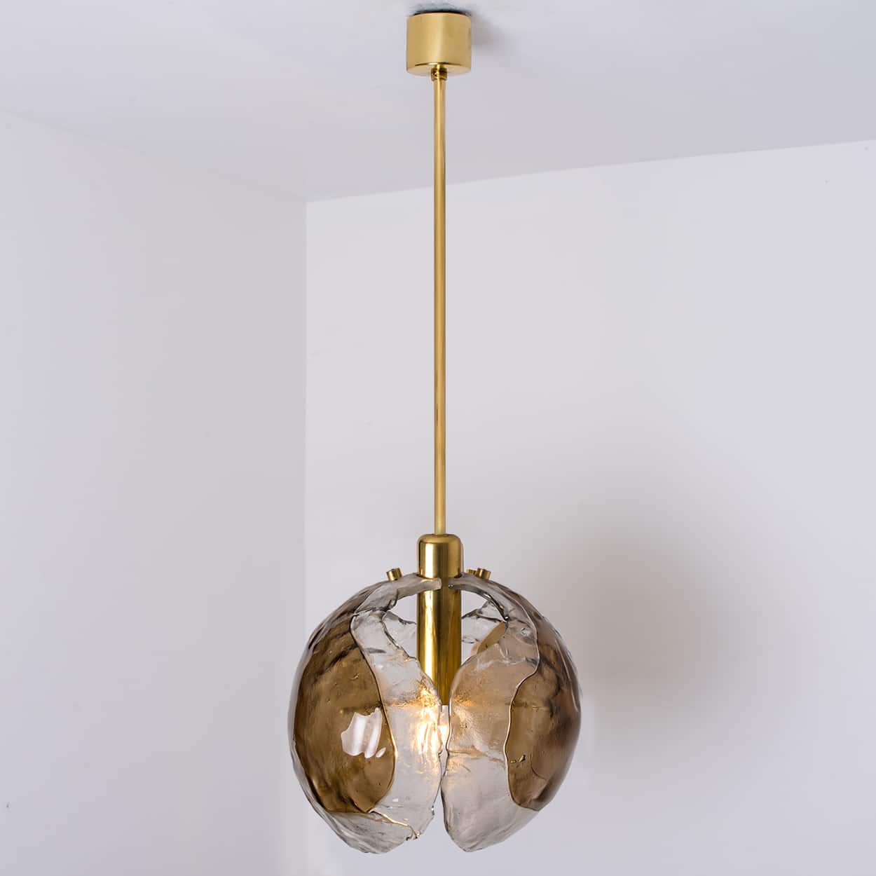 1 of the 2 Kalmar Chandelier Pendant Lights, Gold Brass Smoked Glass, 1970s