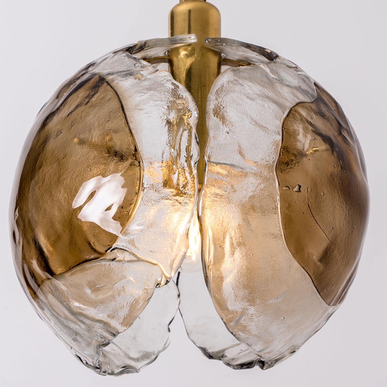 1 of the 2 Kalmar Chandelier Pendant Lights, Gold Brass Smoked Glass, 1970s